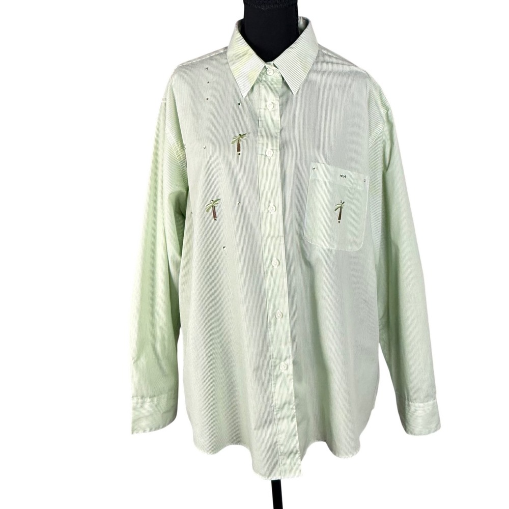 Las Olas Palm Tree Embroidered Pinstripe Button Down Shirt XL Green White Boho